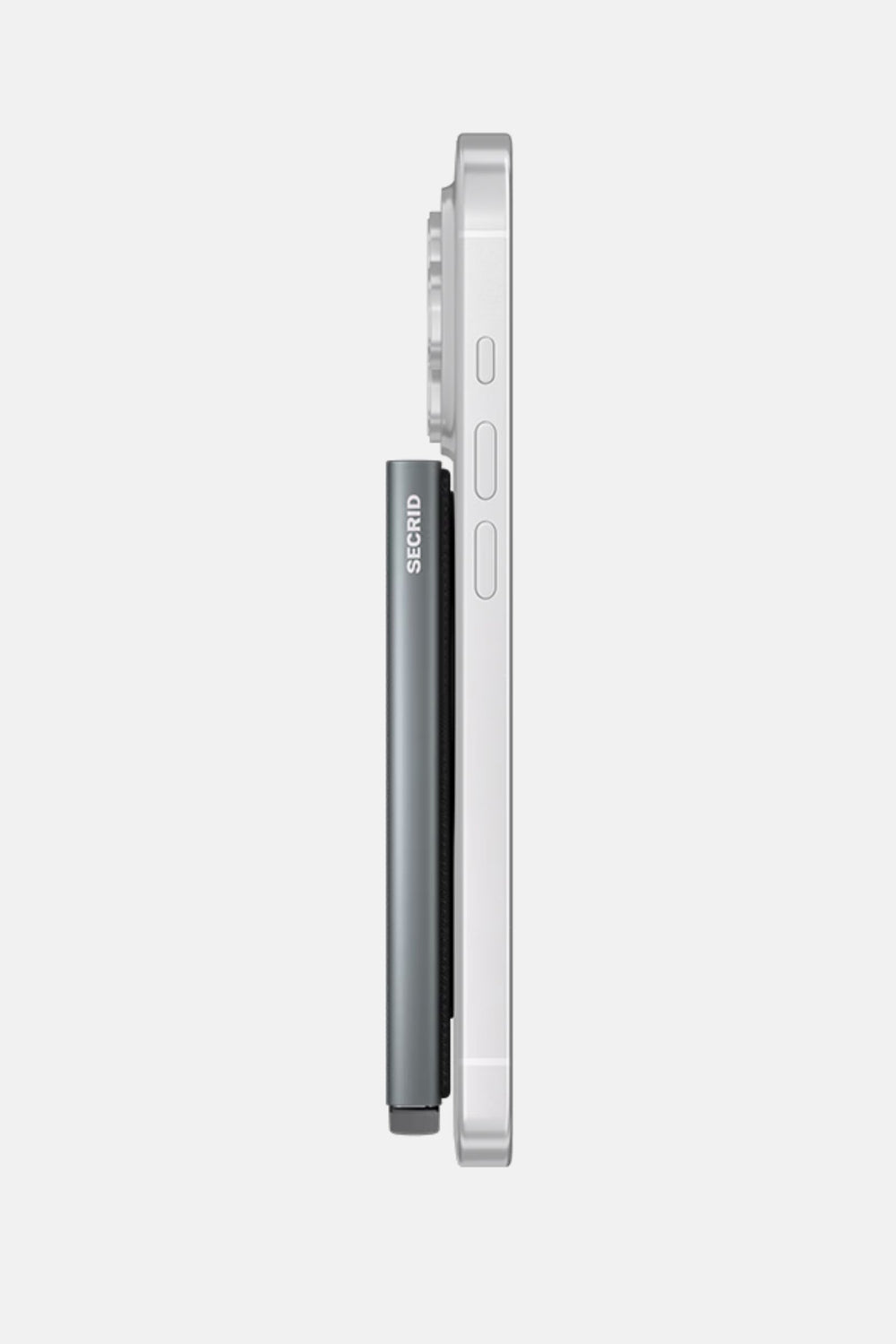 Secrid titanium MagSafe card protector side view, slim dark gray case