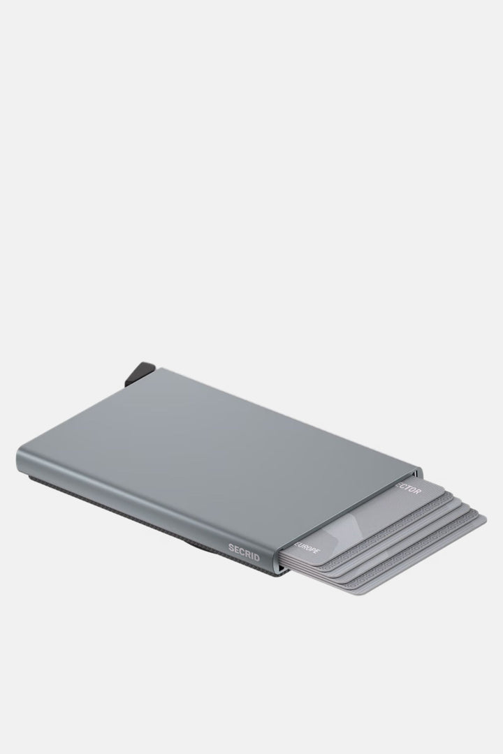 Secrid titanium MagSafe card protector with stacked cards, dark gray exterior