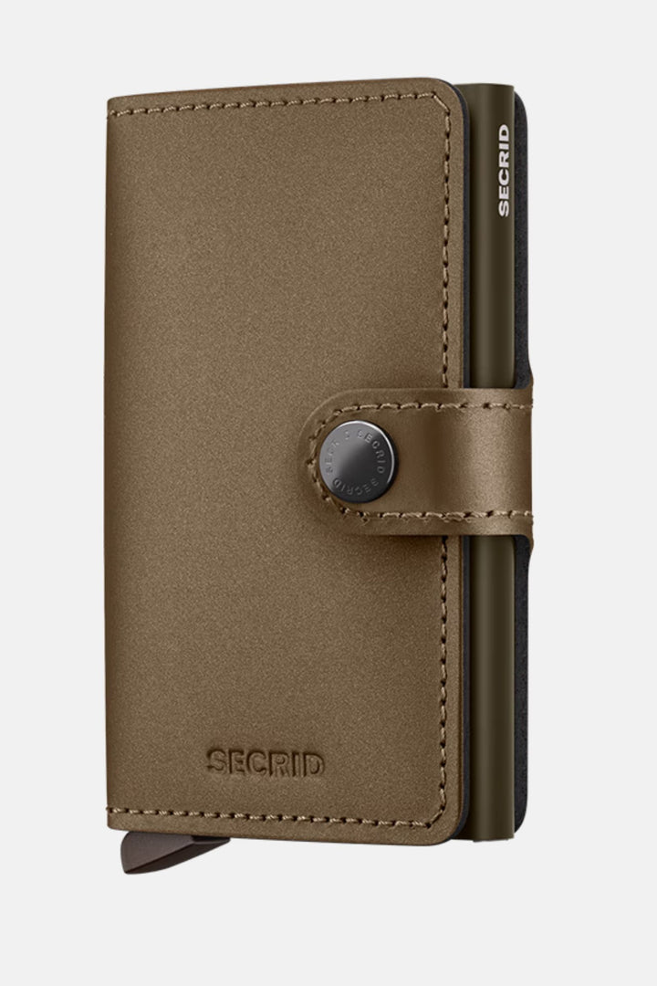 Matte satin bronze miniwallet with SECRID logo, snap strap, and card holder