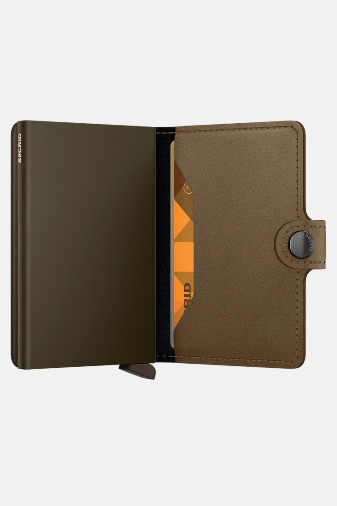 Secrid miniwallet in satin bronze, open view with card slots and side strap