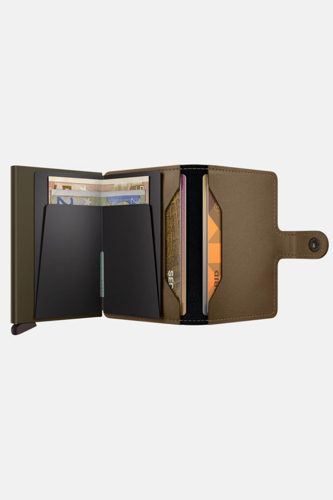 Secrid miniwallet open, showing card compartments and center cash divider