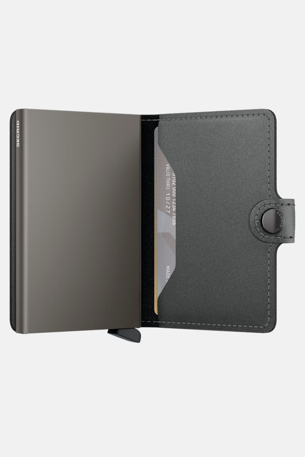 Secrid miniwallet, matte steel gray, open view showing card pockets and inner panel