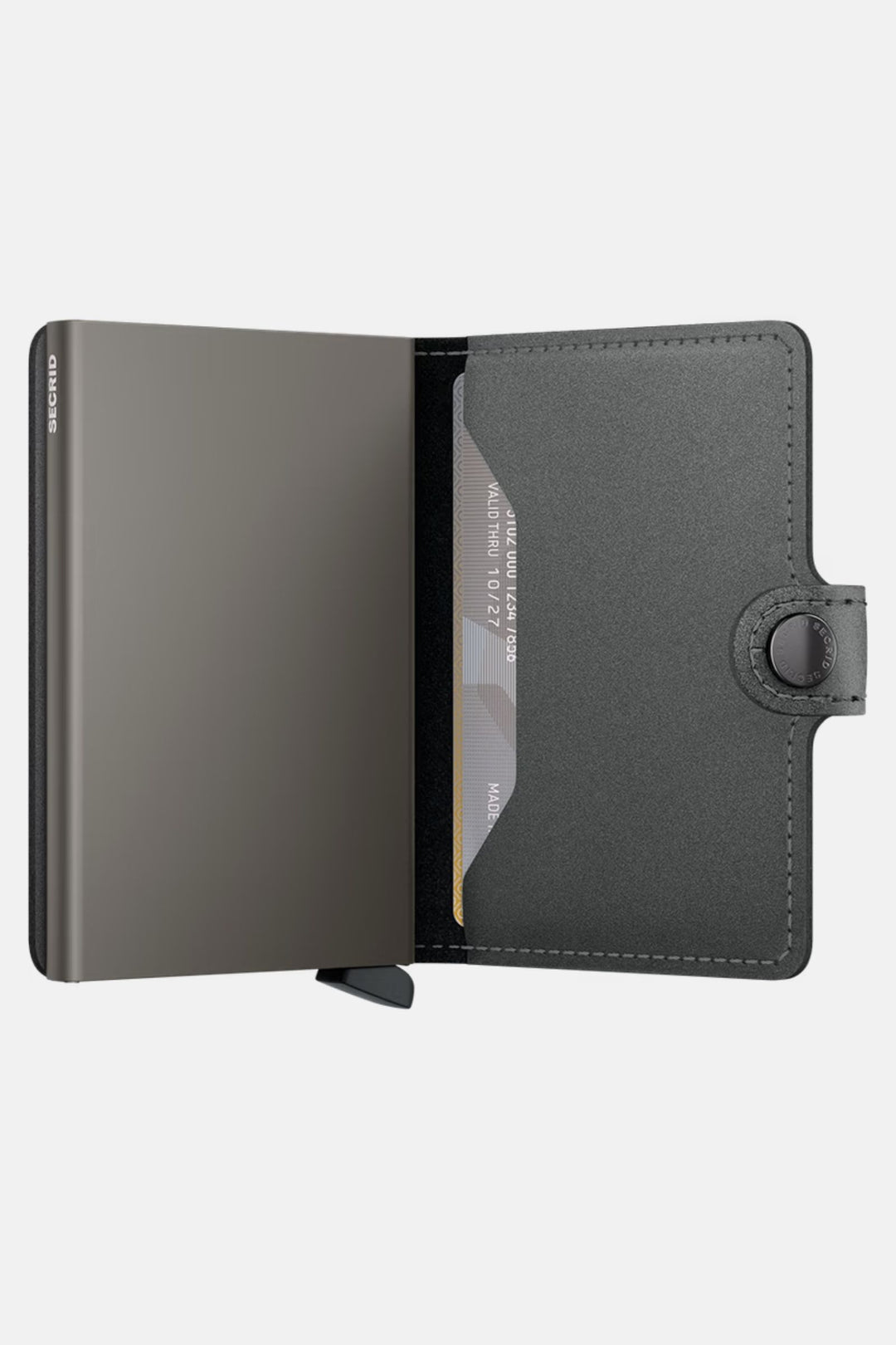 Secrid miniwallet, matte steel gray, open view showing card pockets and inner panel