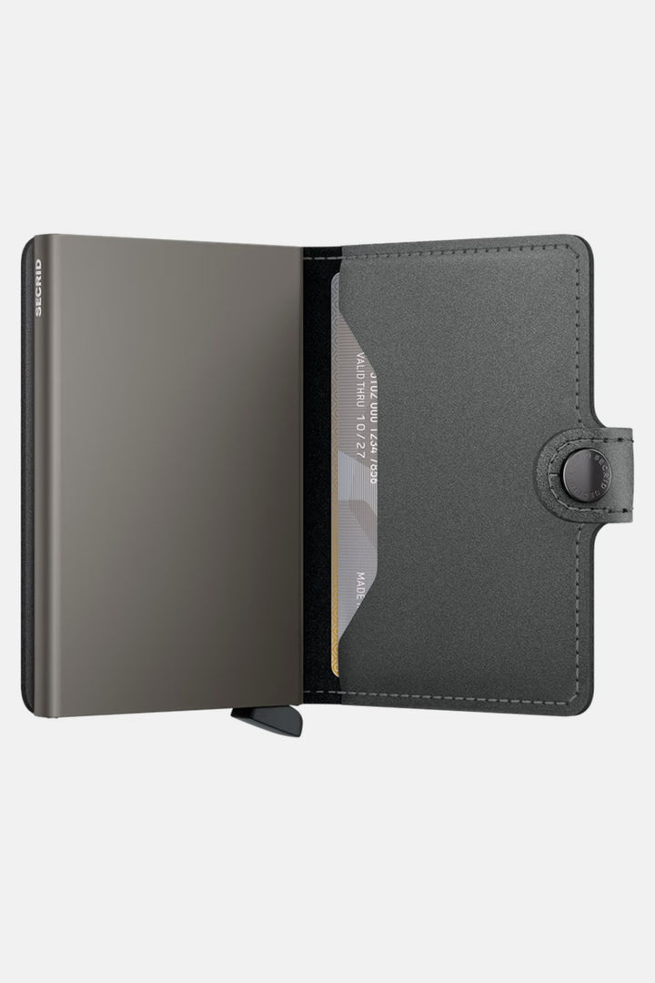 Secrid miniwallet, matte steel gray, open view showing card pockets and inner panel