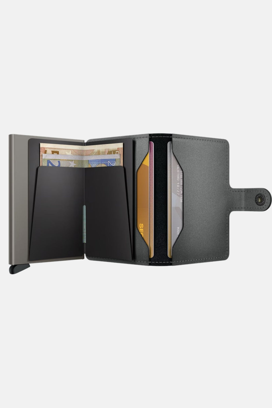 Secrid miniwallet, matte steel gray, open with visible cards in interior slots