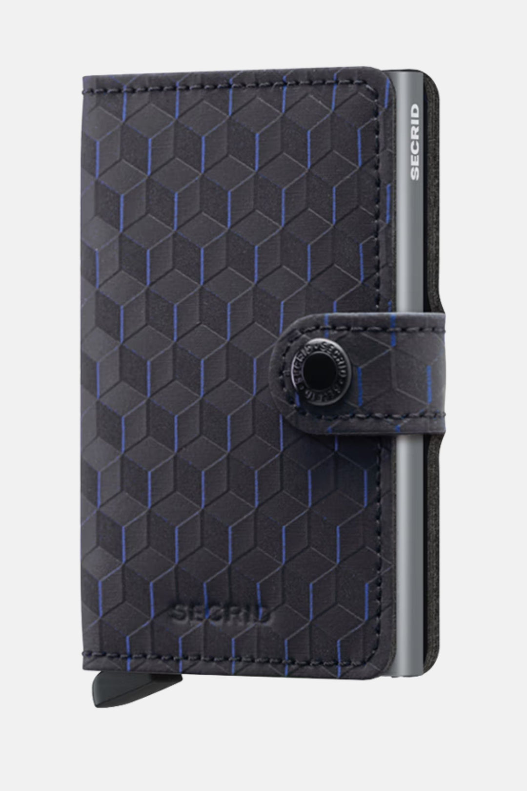 Secrid miniwallet with dark patterned leather, blue geometric grid, metal edge.