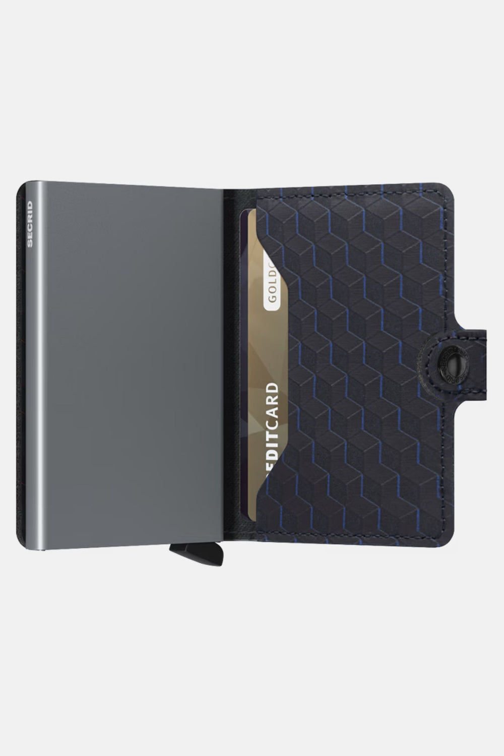 Miniwallet open: dark leather cover with blue pattern, grey titanium card case.