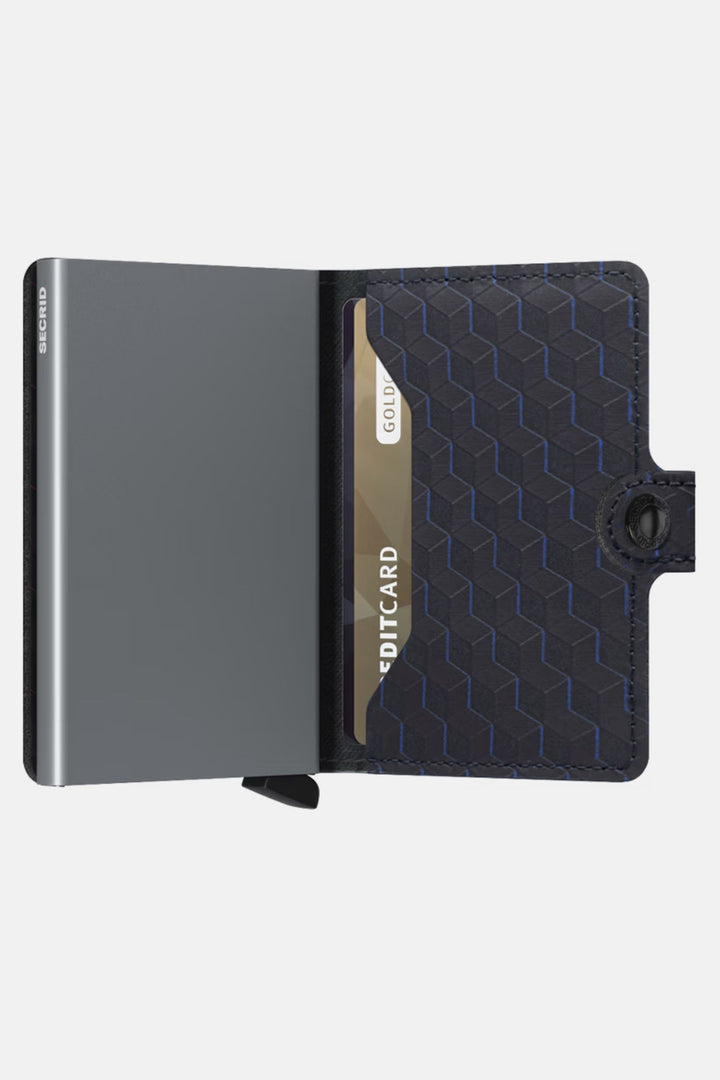 Miniwallet open: dark leather cover with blue pattern, grey titanium card case.