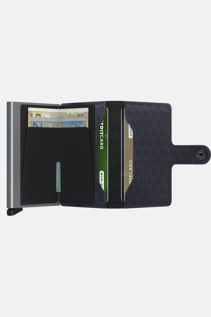 Miniwallet open with card slots, dark blue-patterned leather and grey titanium back.