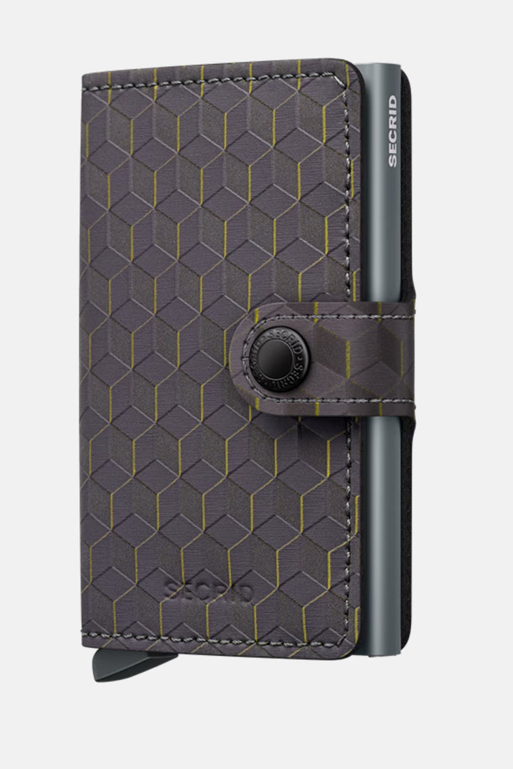Compact card wallet with optical grey and yellow geometric pattern, snap strap.