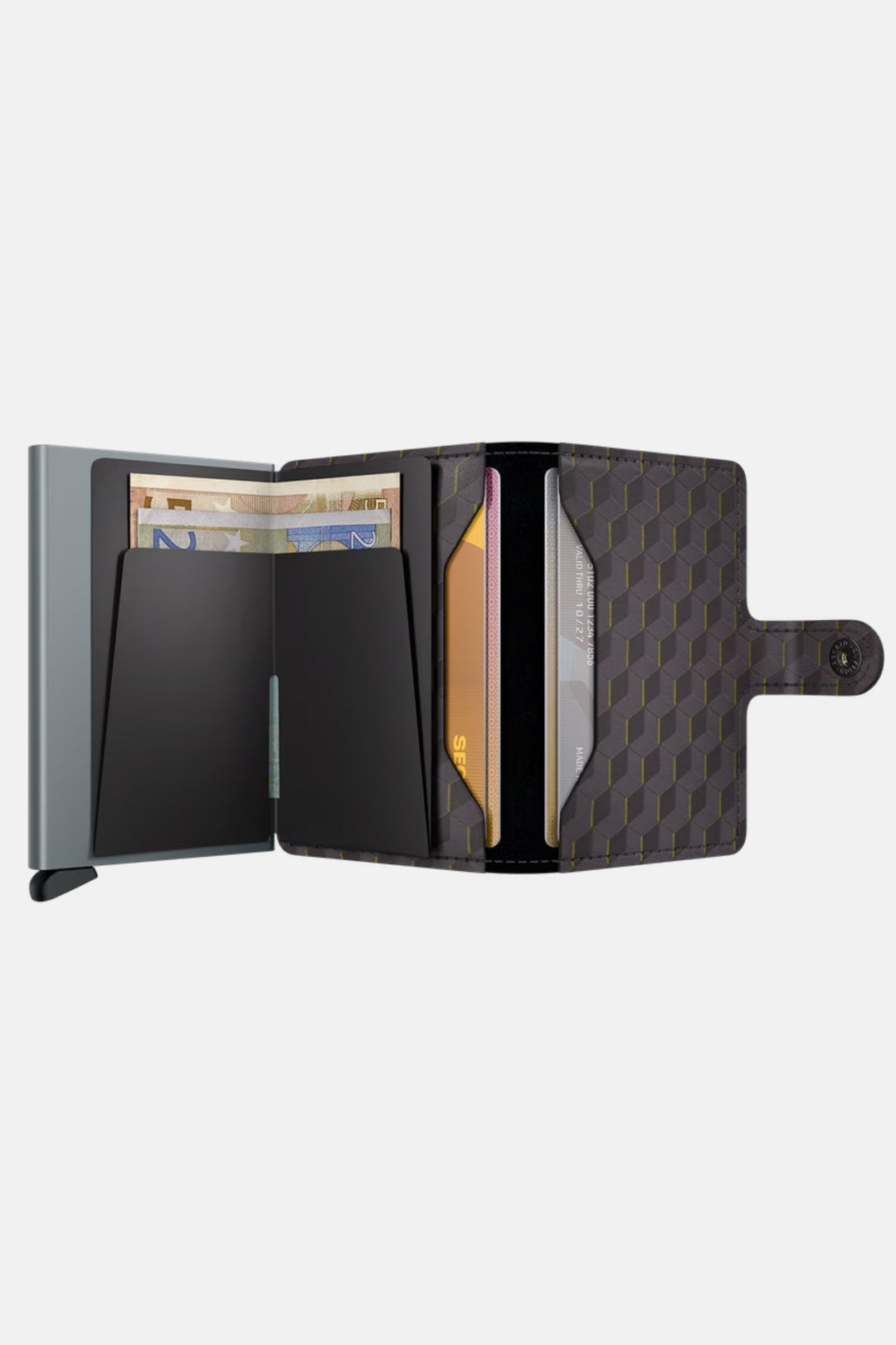 Slim card wallet opened, showing card slots and folded interior in dark tones.