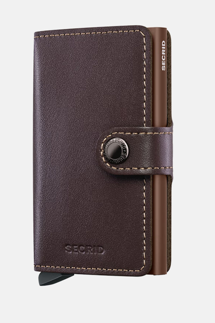 Chocolate brown leather miniwallet with snap button and SECRID logo, stitched edge