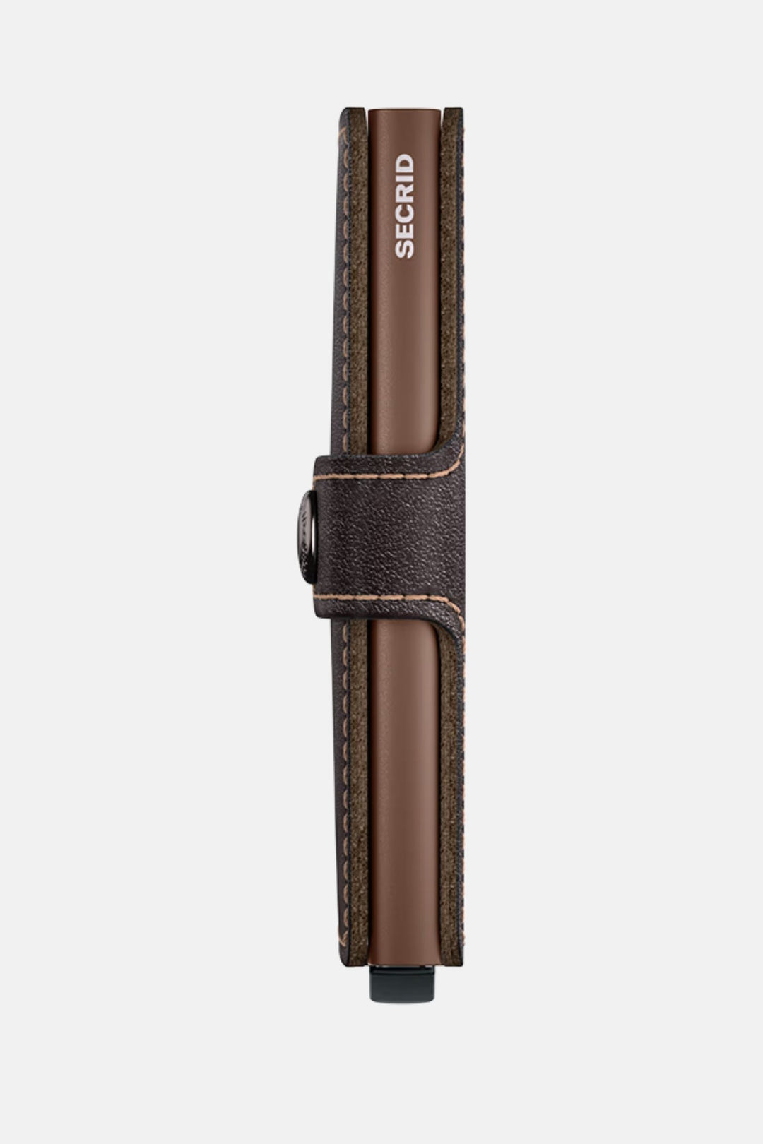 Chocolate brown miniwallet side view with SECRID card holder tab and snap strap