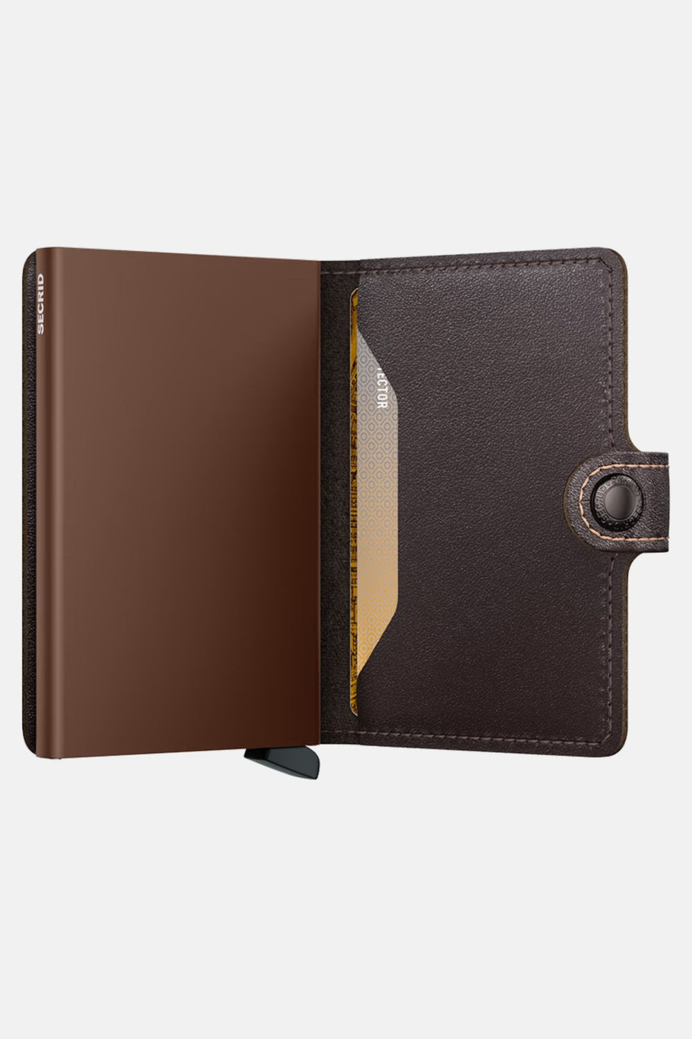Chocolate brown miniwallet open, showing card slots and interior pocket, stitched seams