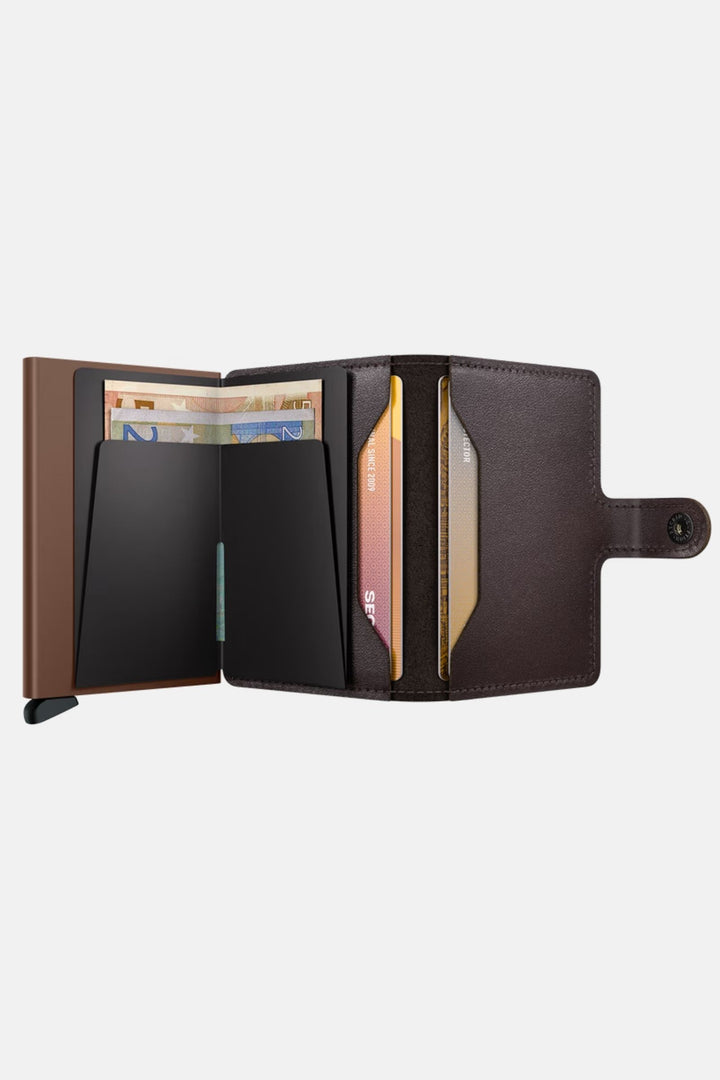 Chocolate brown miniwallet open with multiple card compartments and snap closure