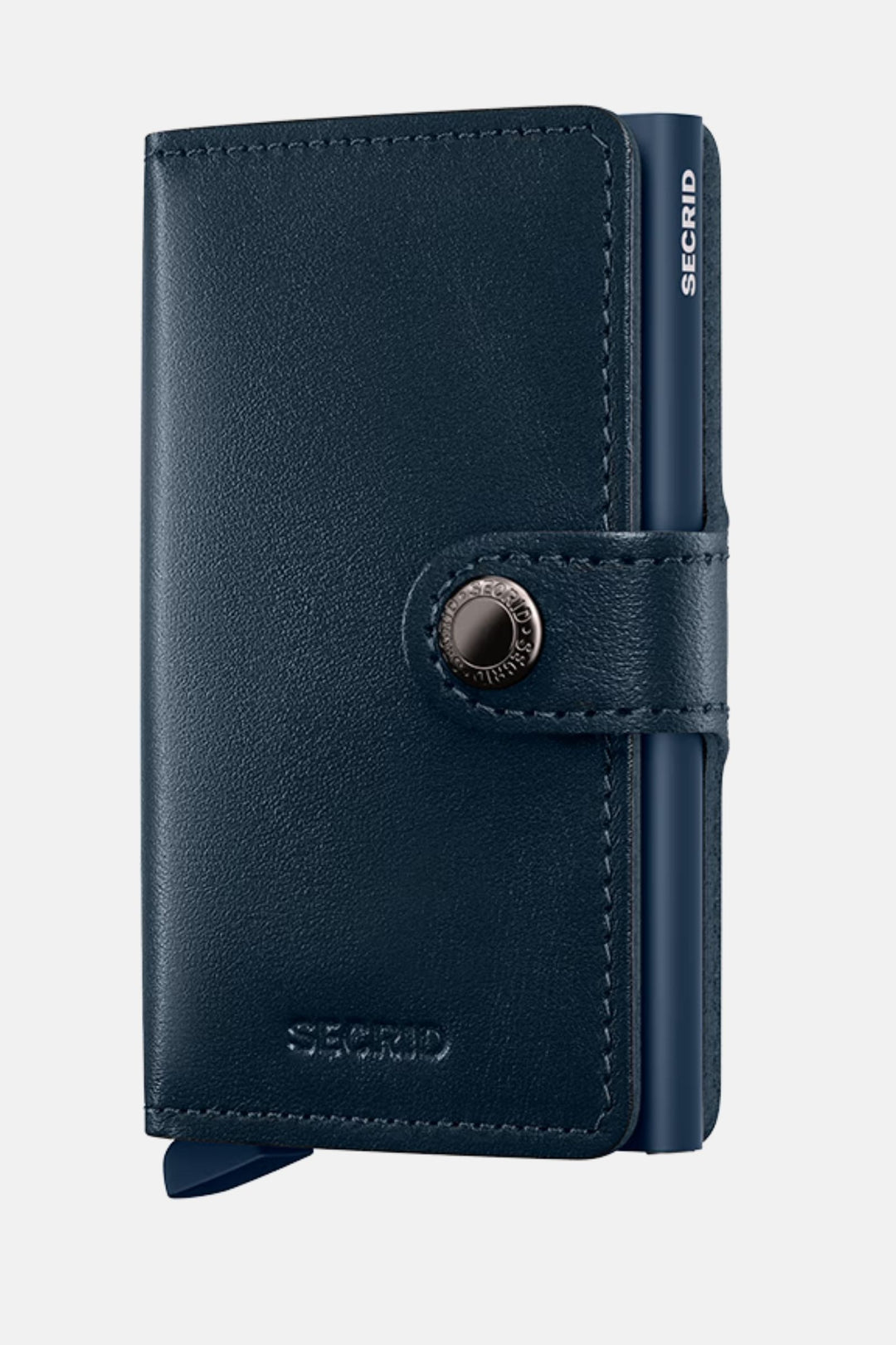 Navy leather miniwallet with snap button and Secrid branding