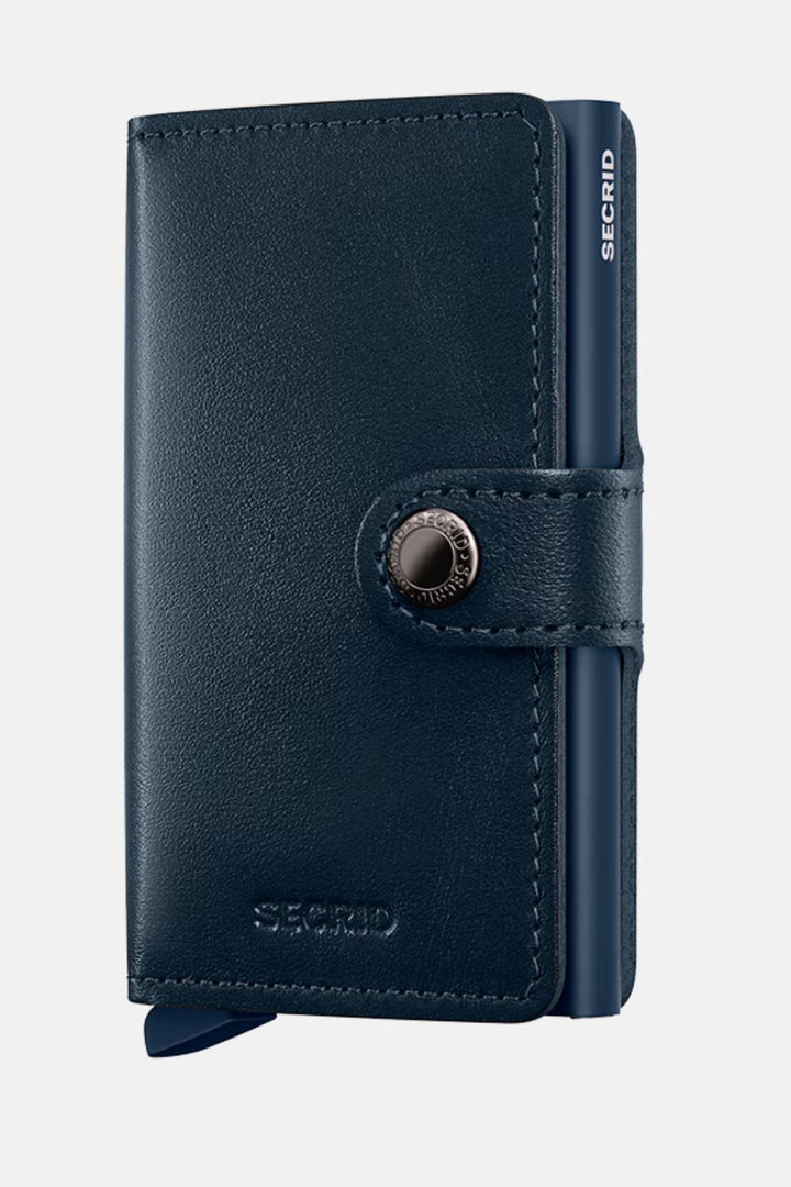 Navy leather miniwallet with snap button and Secrid branding