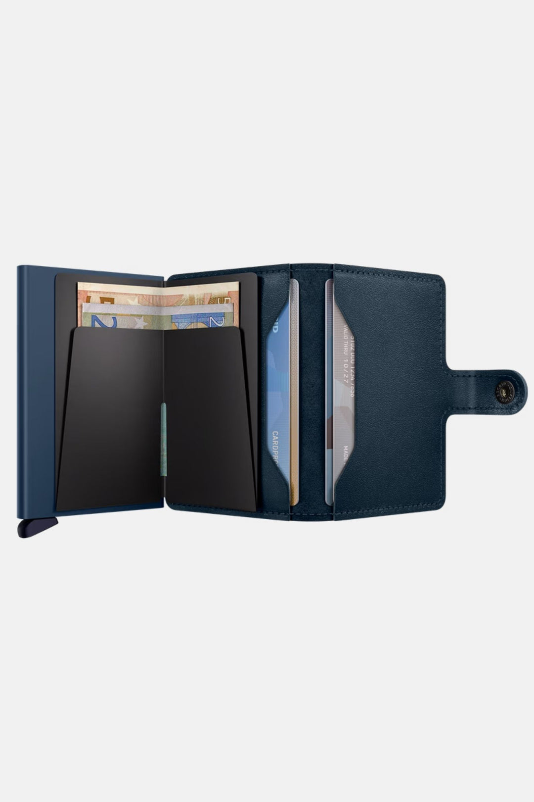 Navy miniwallet open, showing card compartments and ID window