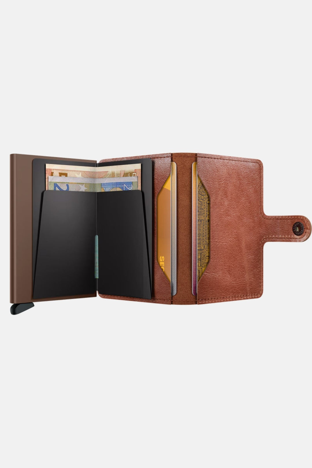 Secrid miniwallet open with multiple card compartments, vintage cognac-brown leather