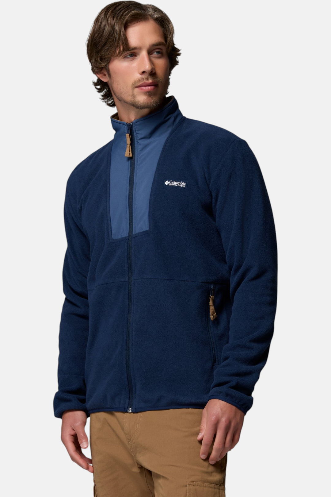 Columbia men's navy full-zip fleece jacket with chest logo and zippered pocket