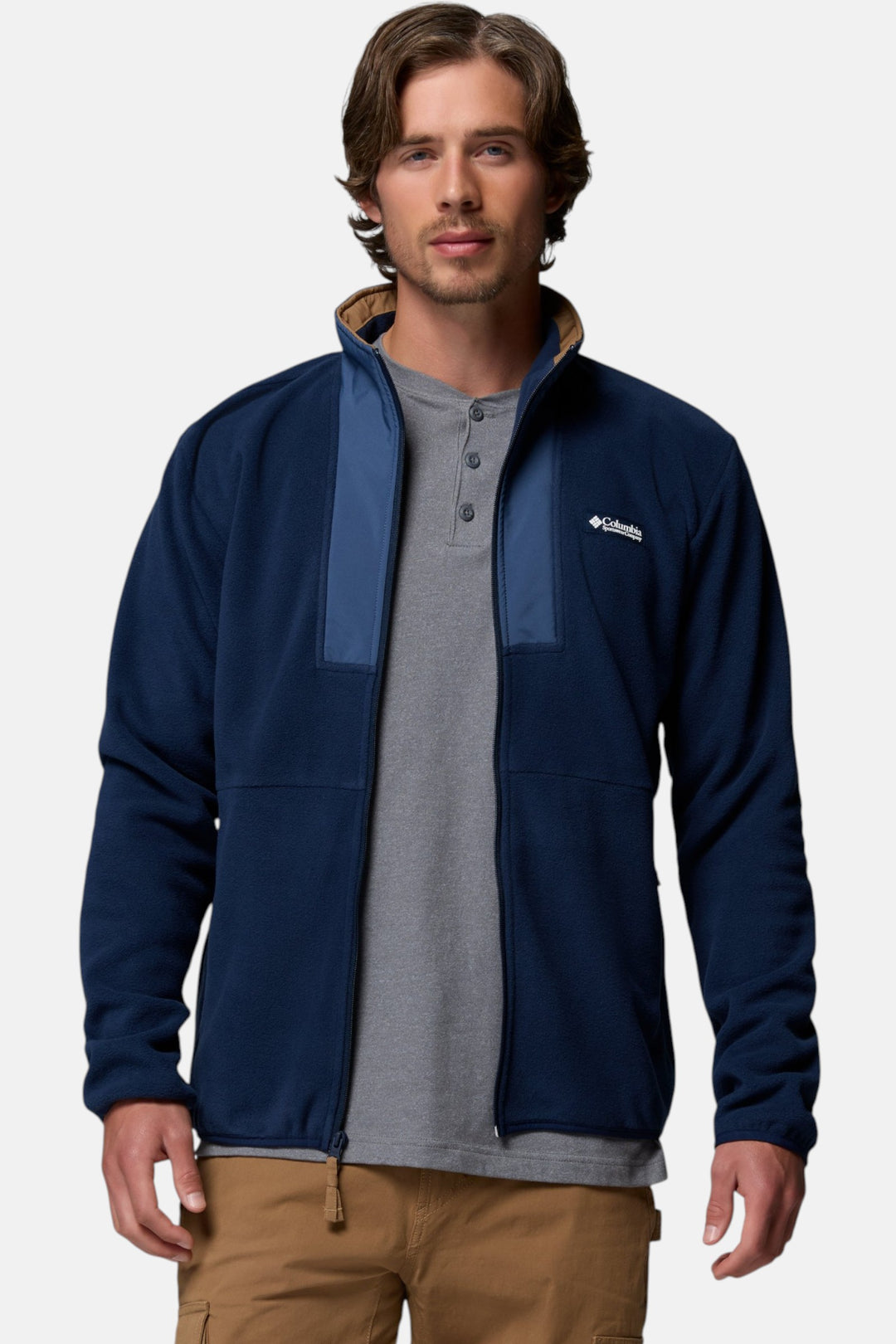 Columbia men's navy full-zip fleece jacket with zip front and chest logo