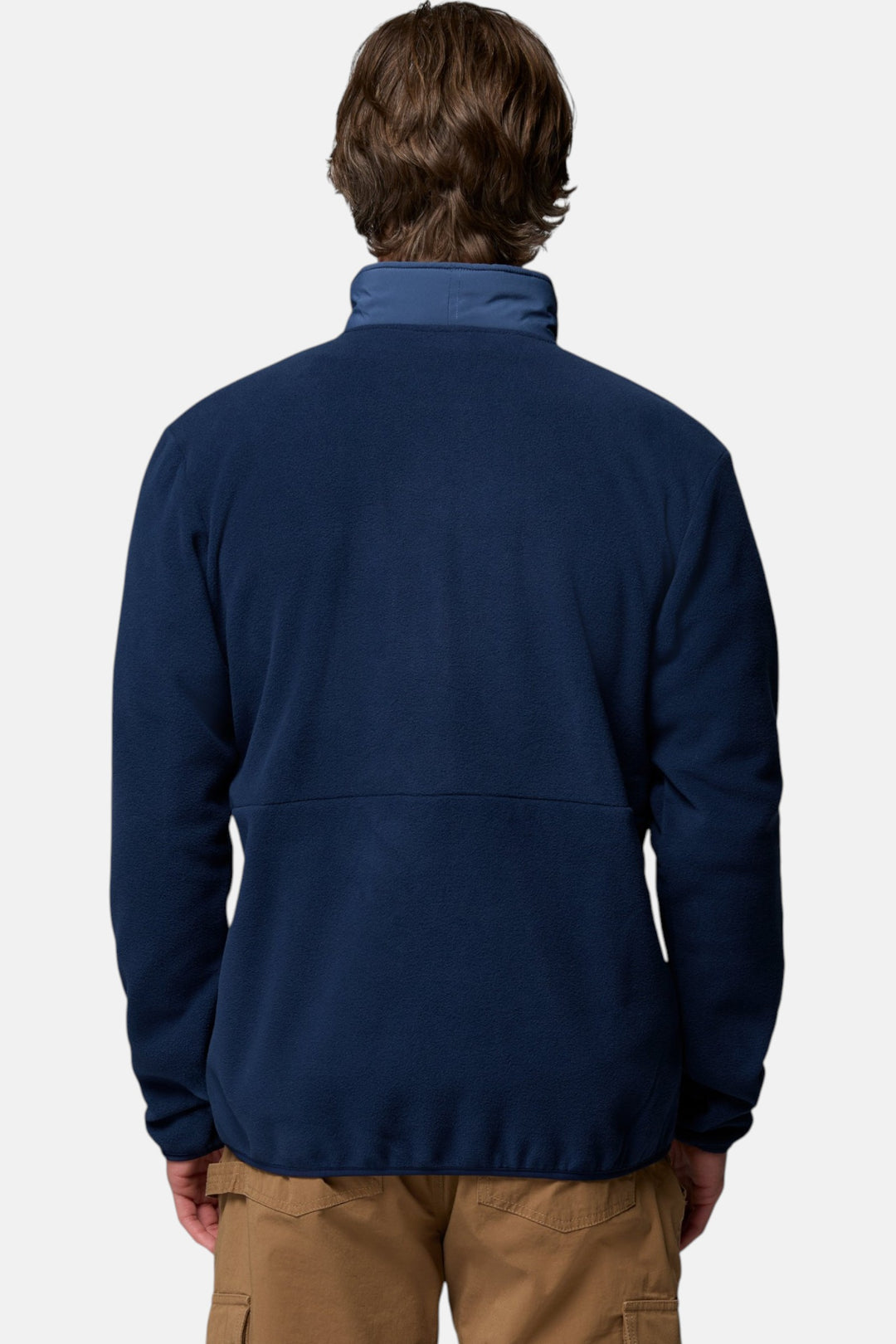 Men's navy full-zip fleece jacket, back view with stand collar