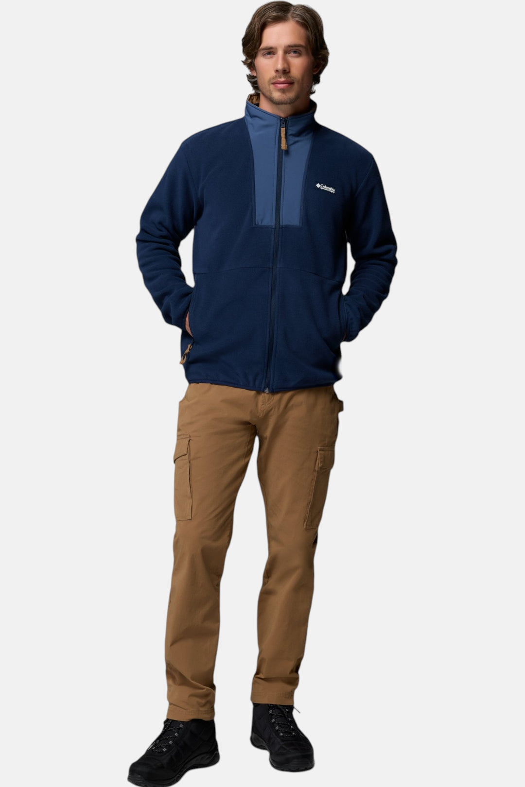 Columbia men's navy full-zip fleece jacket with zip front and side hand pockets