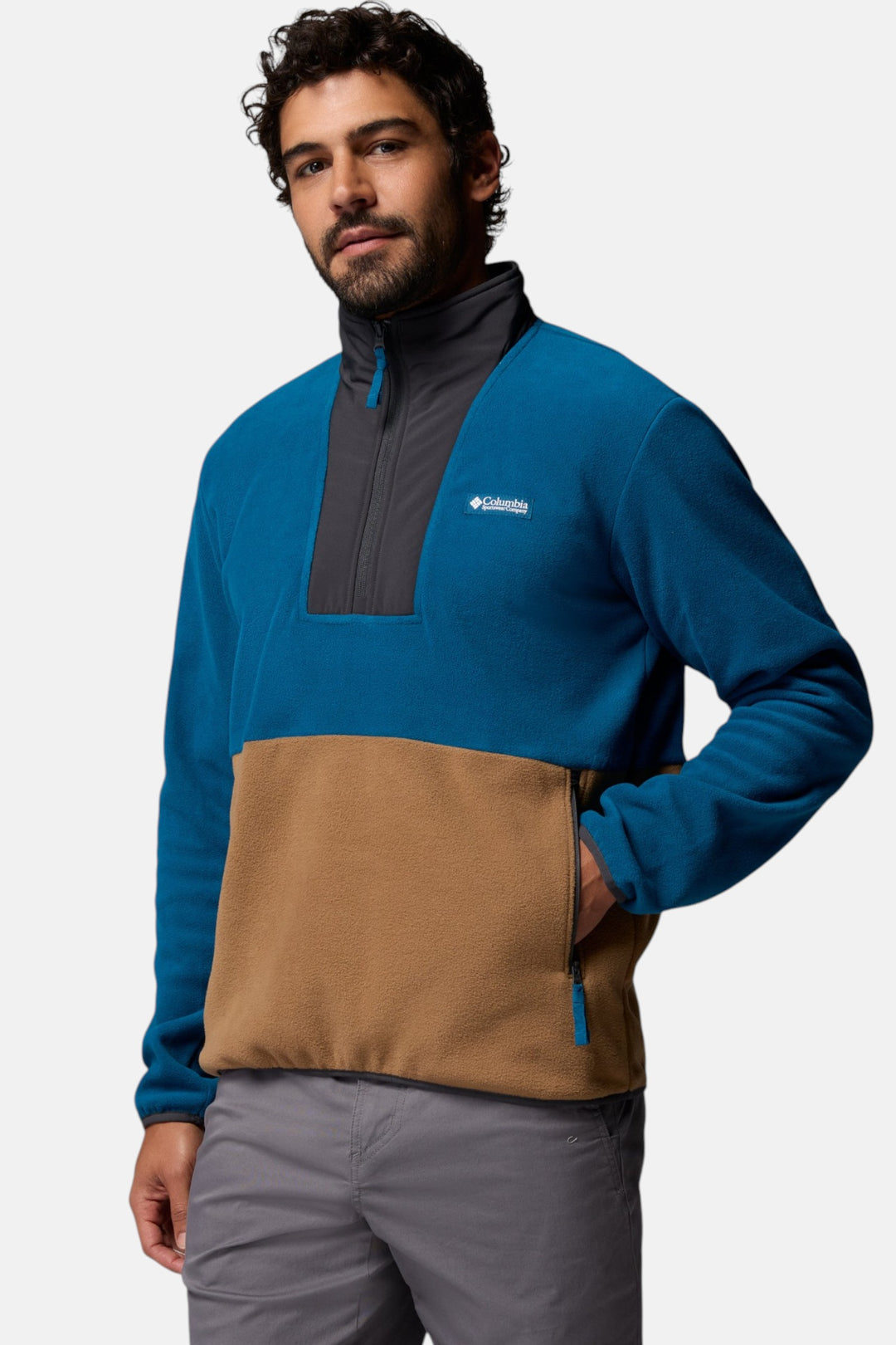 Men's blue color-block half-zip fleece pullover with tan front panel and gray collar