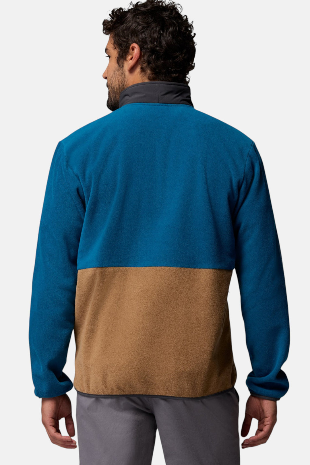 Men's blue and tan half-zip fleece pullover with stand collar, long sleeves