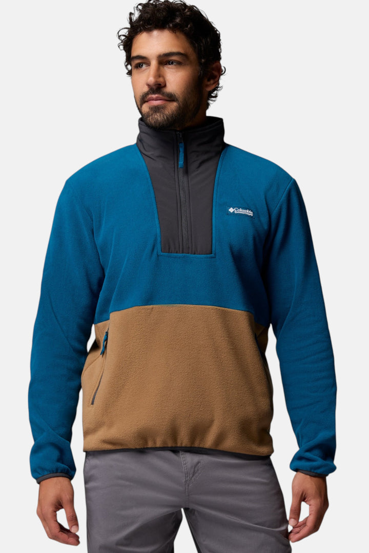 Men's blue half-zip fleece pullover with tan front panel and dark gray collar