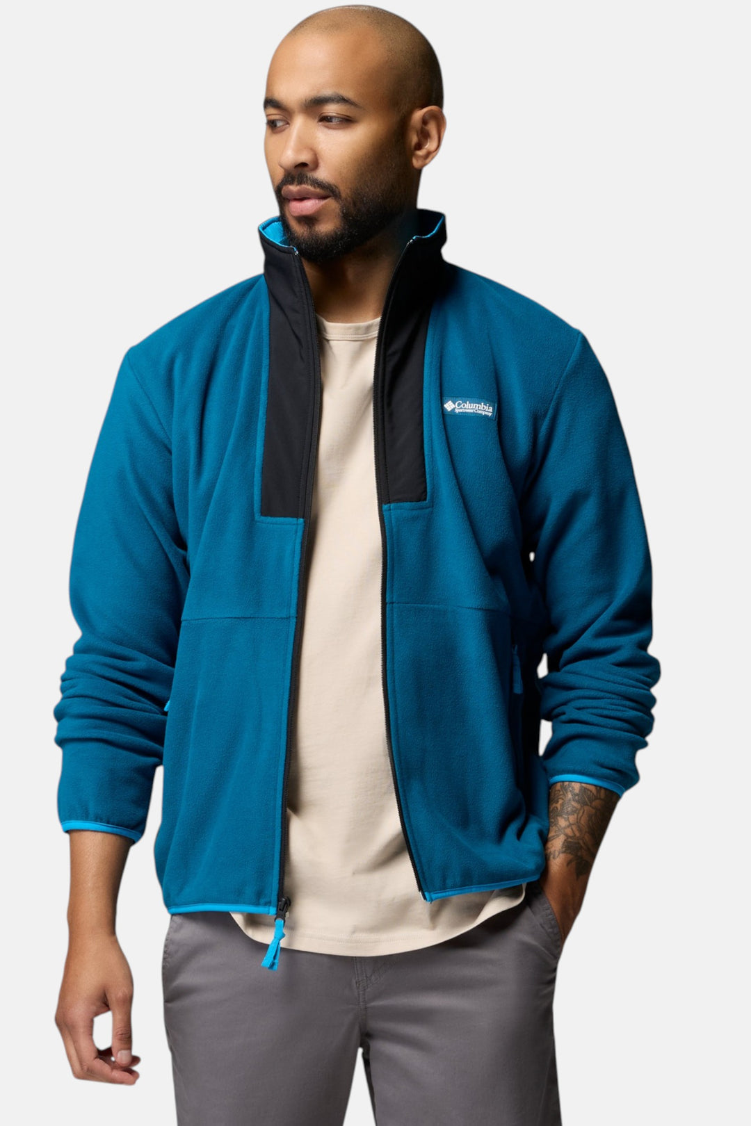 Men's blue full-zip fleece jacket front view with black lining and drawstring collar