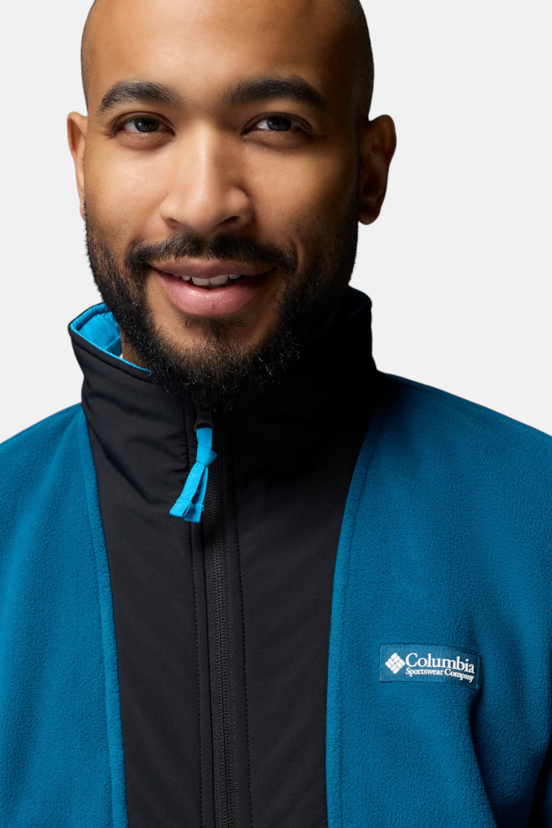 Men's full-zip fleece jacket in blue with black collar and Columbia logo patch