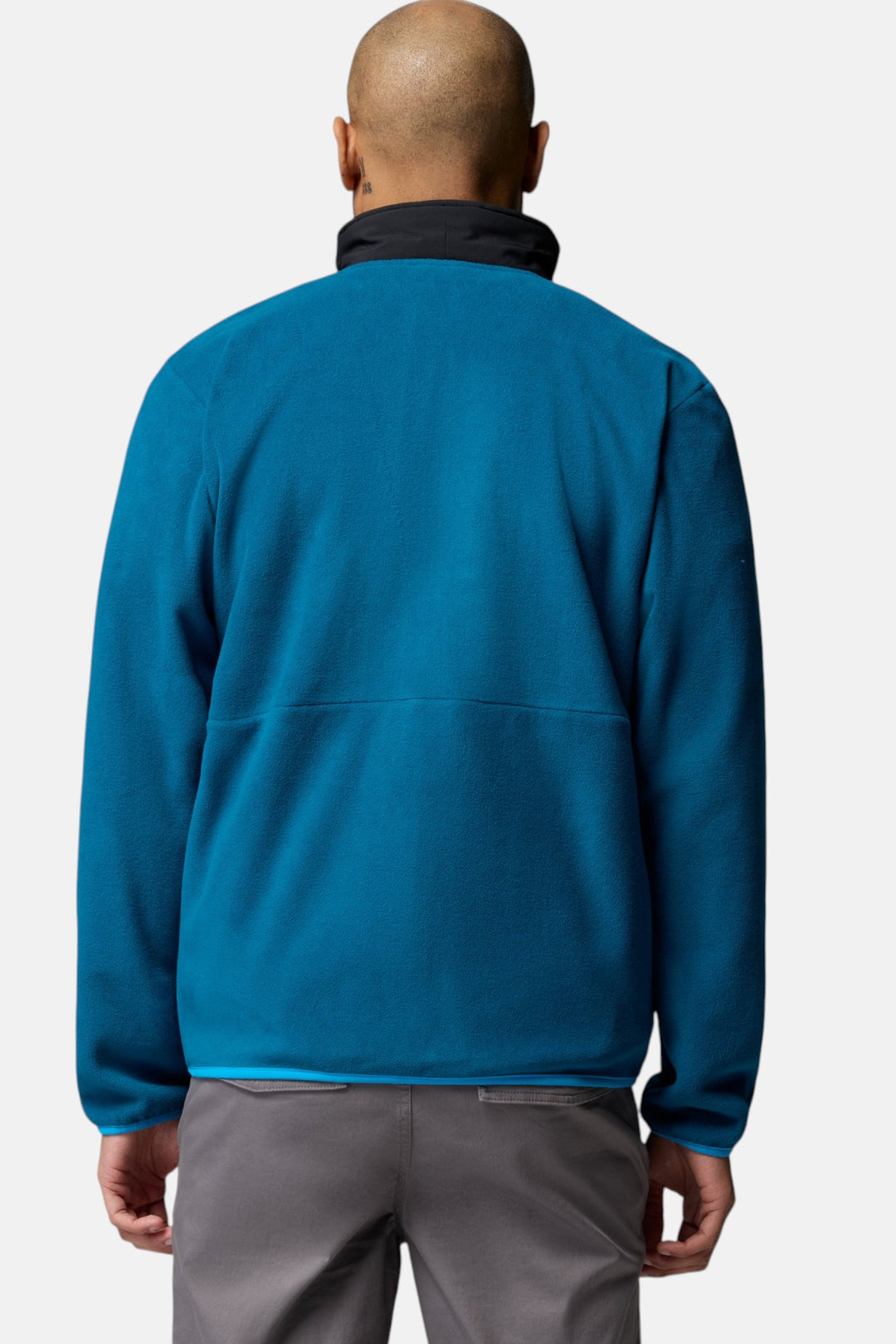 Men's full-zip fleece jacket back view in blue with horizontal seam and pocket