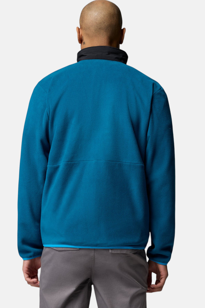 Men's full-zip fleece jacket back view in blue with horizontal seam and pocket