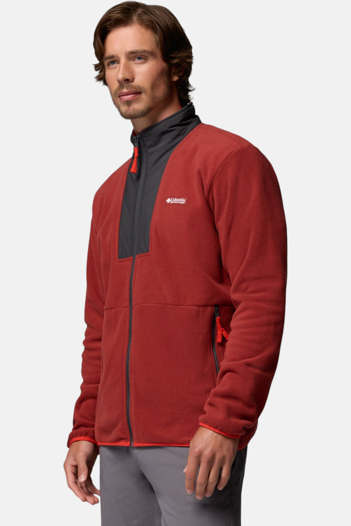 Columbia full-zip fleece jacket in red oxide with dark gray panels and orange zipper pull