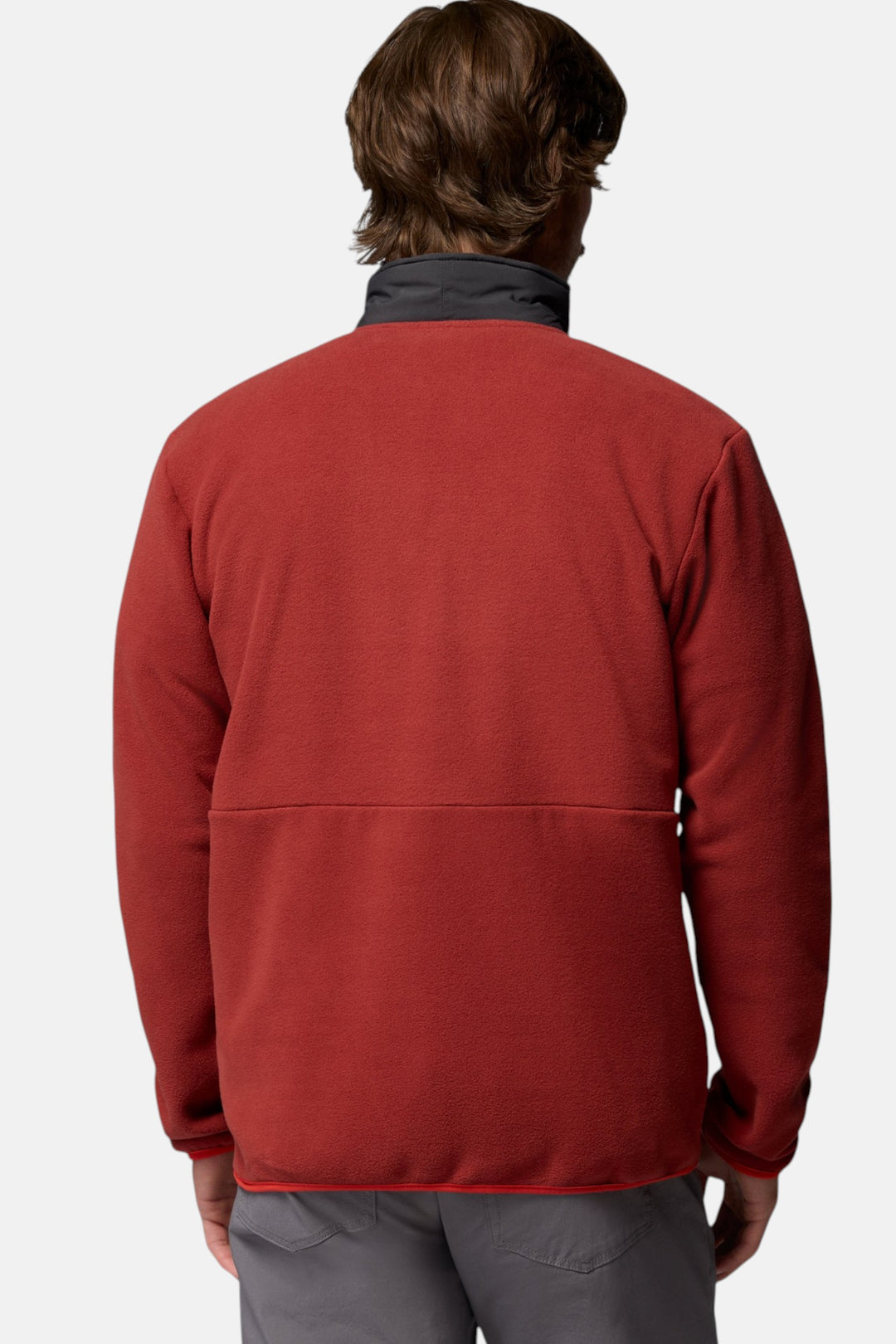 Columbia full-zip fleece jacket in red oxide, back view with stand collar