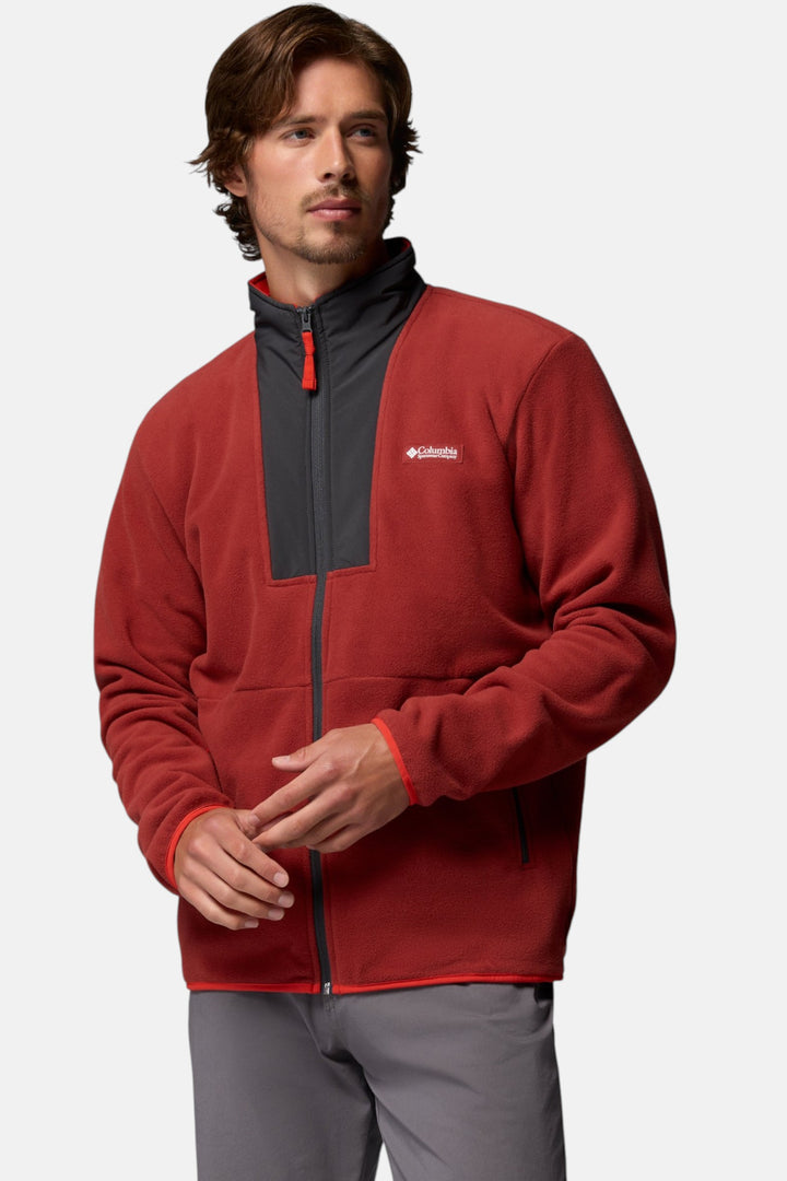 Columbia full-zip fleece jacket in red oxide with dark gray chest panel and zip front