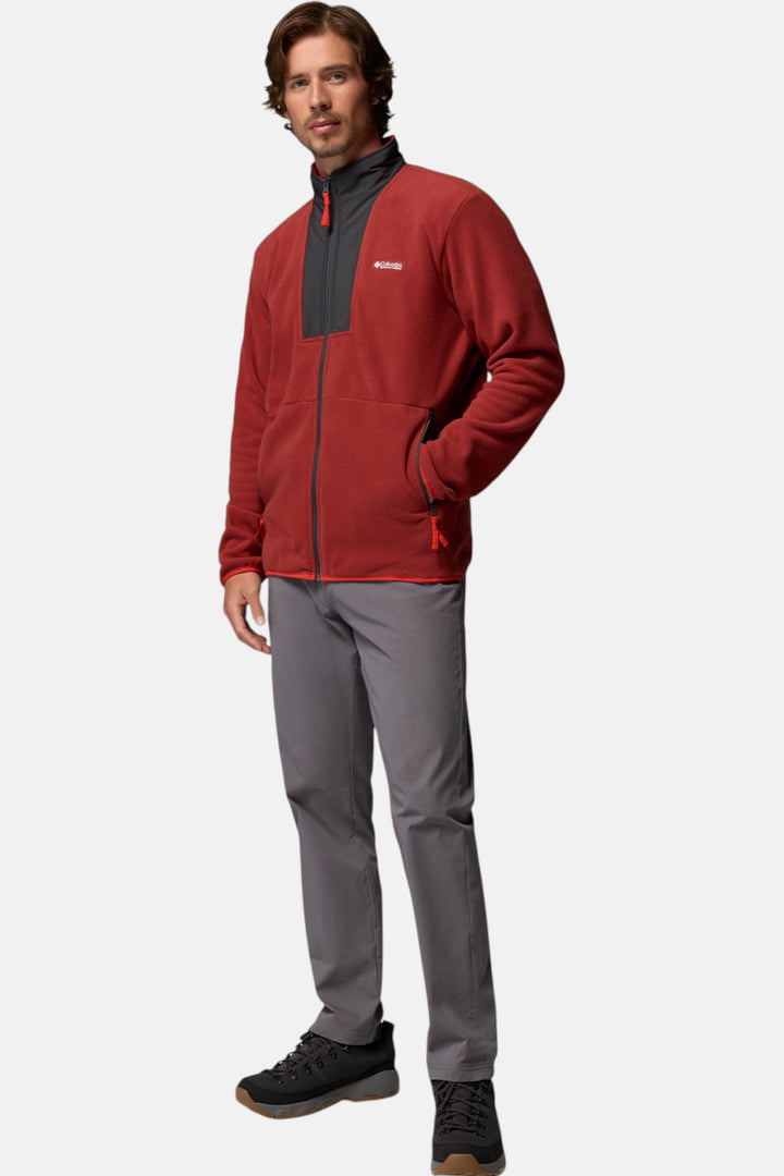 Columbia full-zip fleece jacket in red oxide with dark gray panels and zip pockets