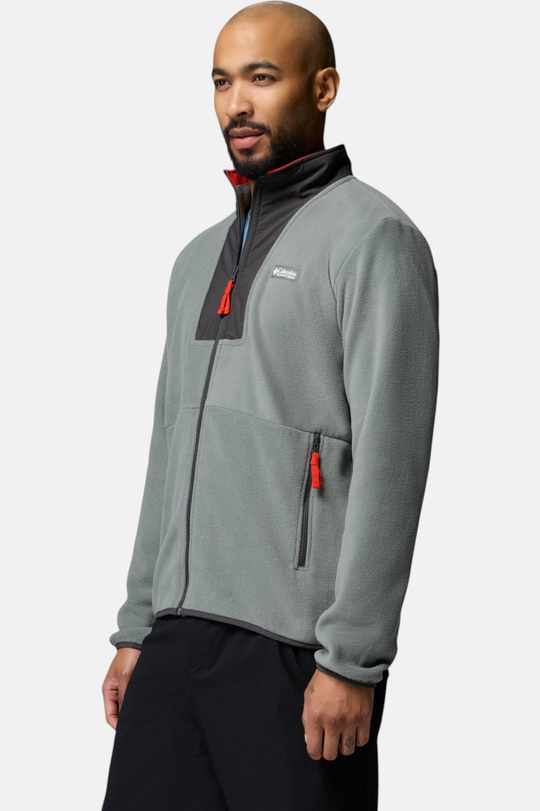 Full-zip fleece jacket, gray with stand collar and chest zip pocket, red pull