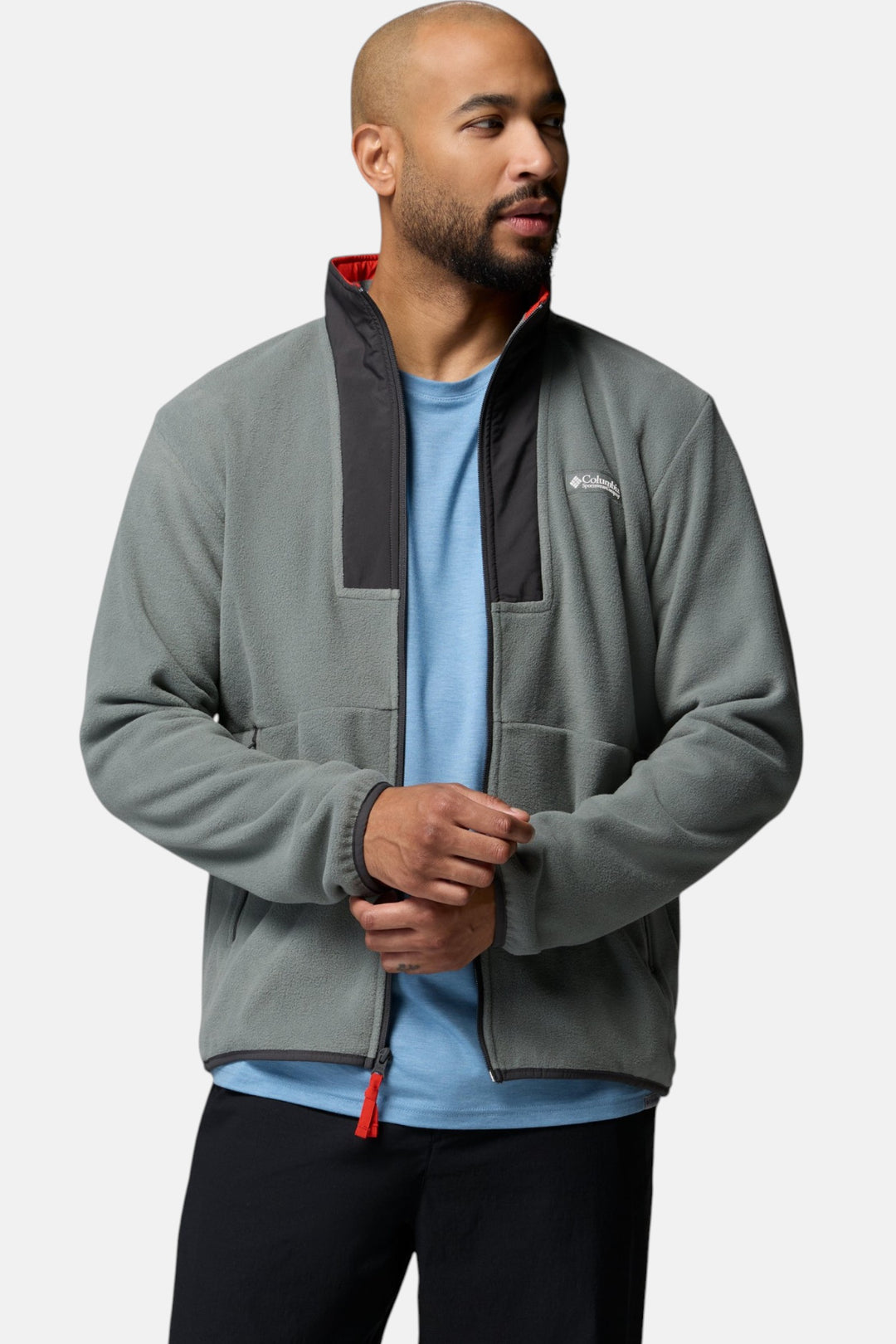 Full-zip fleece jacket, gray with red zipper and front zip pocket detail