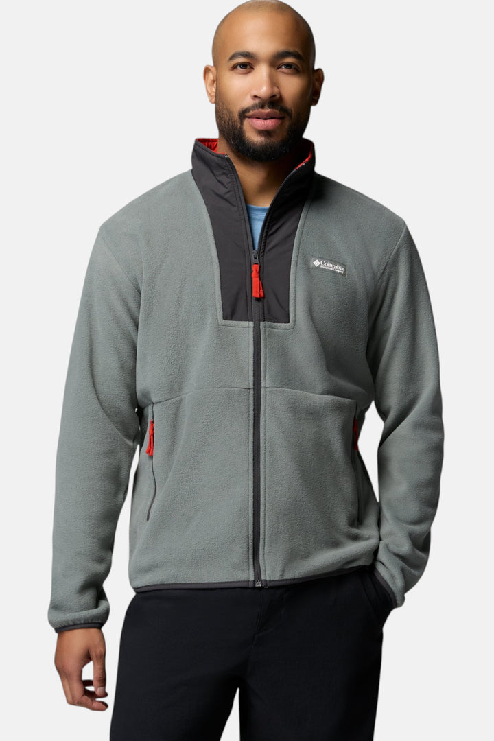 Full-zip fleece jacket, gray with red zipper and zip pockets