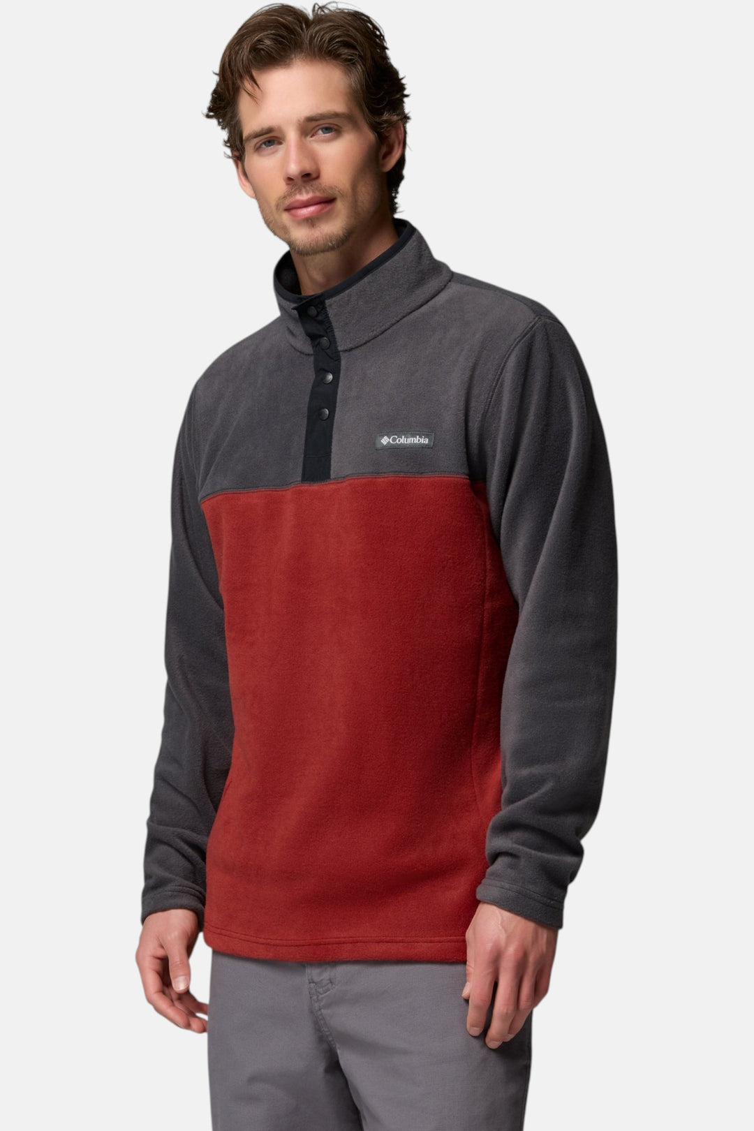 Men’s half-snap fleece pullover, dark gray with red front panel and buttoned placket