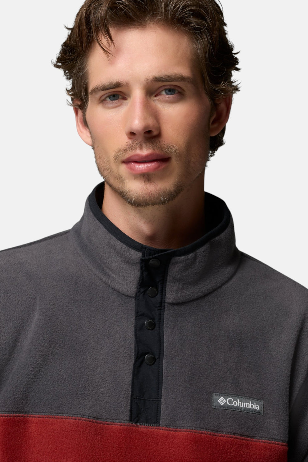 Men’s half-snap fleece pullover, dark gray with red center panel and Columbia logo