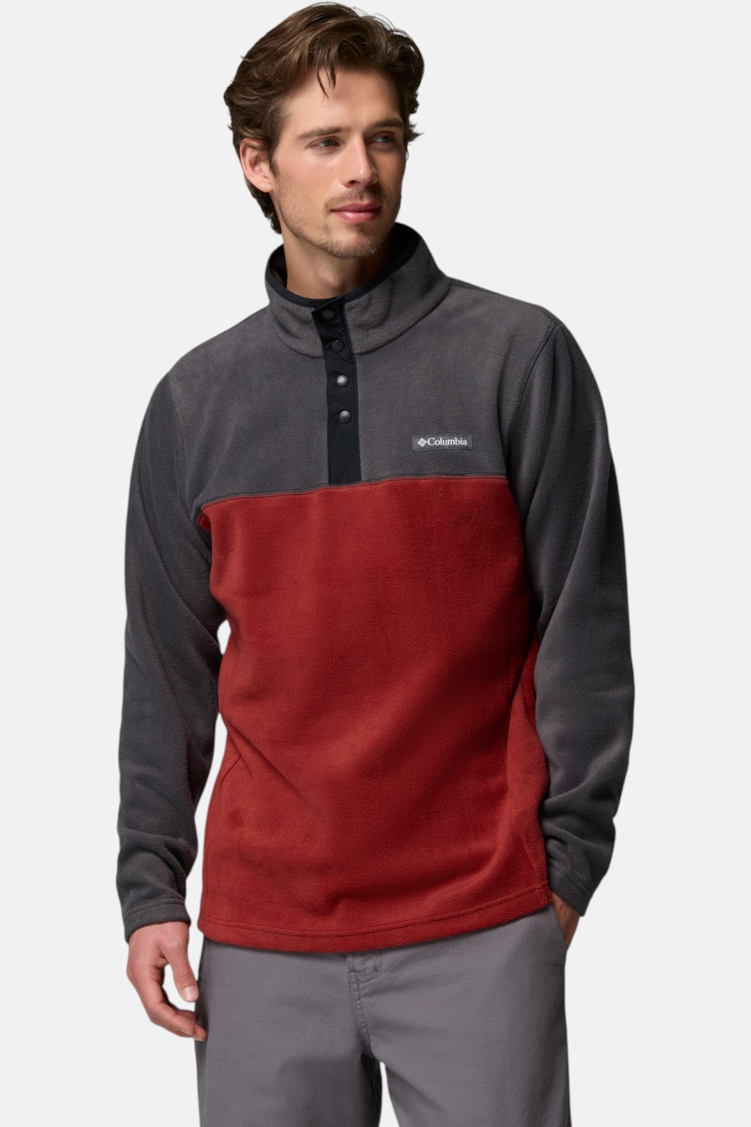 Men’s half-snap fleece pullover with stand collar, dark gray and red center panel