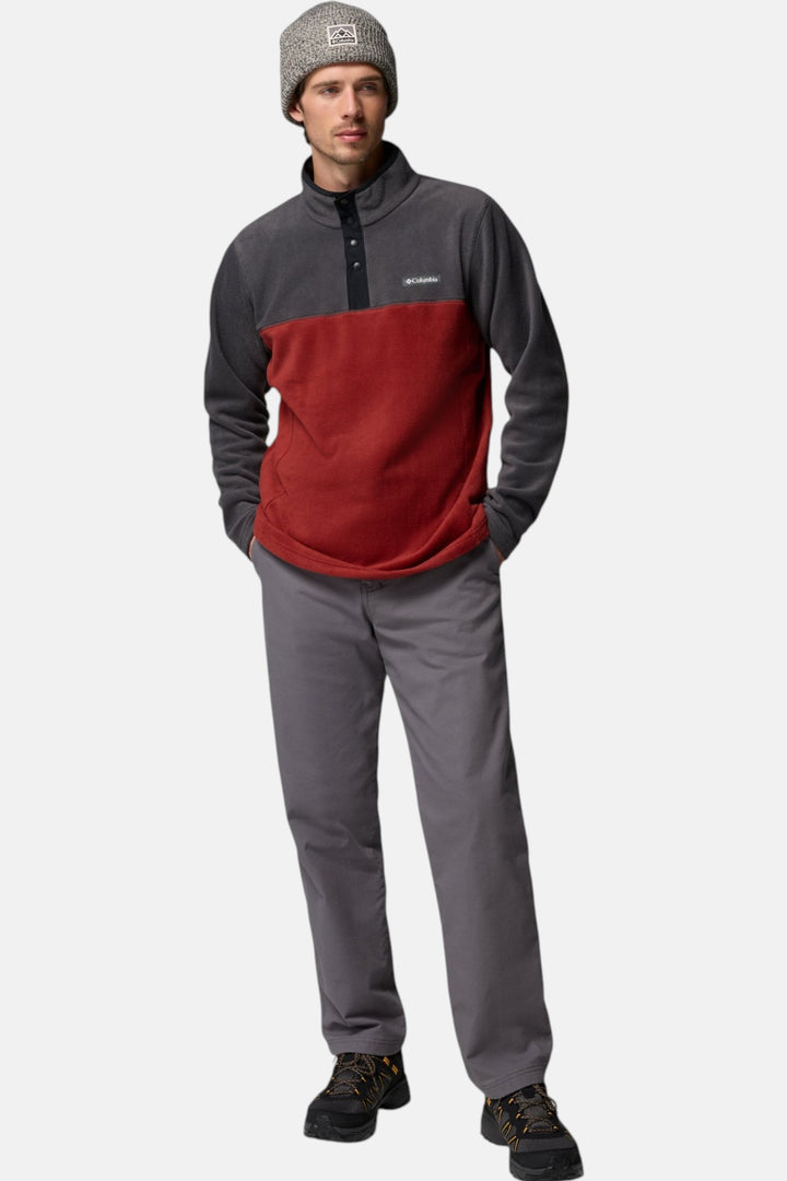 Men’s half-snap fleece pullover with stand collar, gray sleeves and red front panel