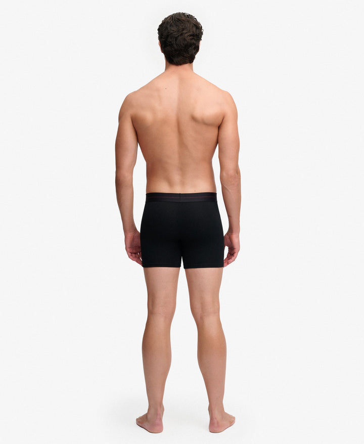 Back view of black boxer briefs with logo waistband and short leg