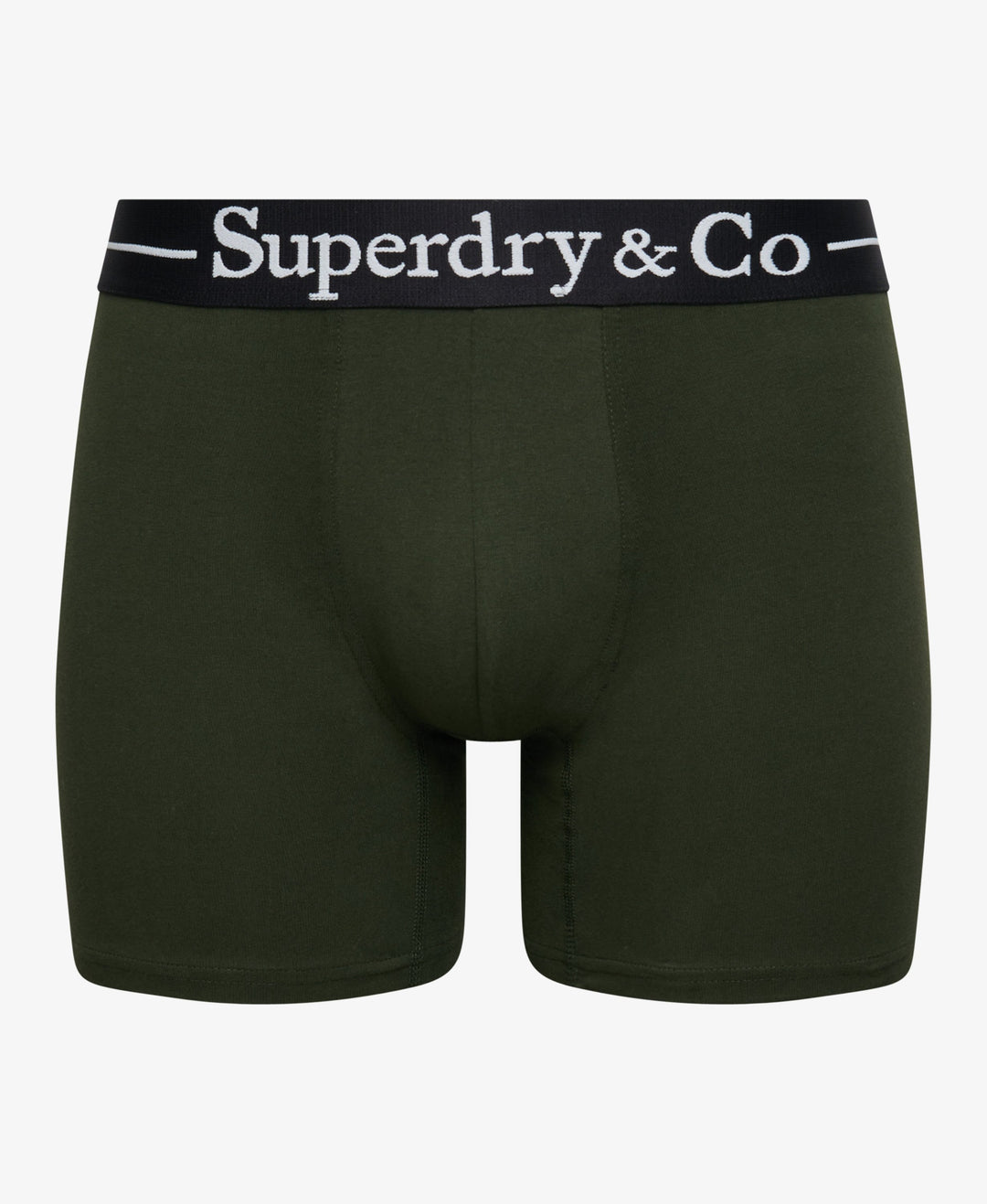 Olive green boxer briefs with logo waistband and short leg