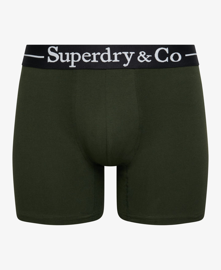 Olive green boxer briefs with logo waistband and short leg