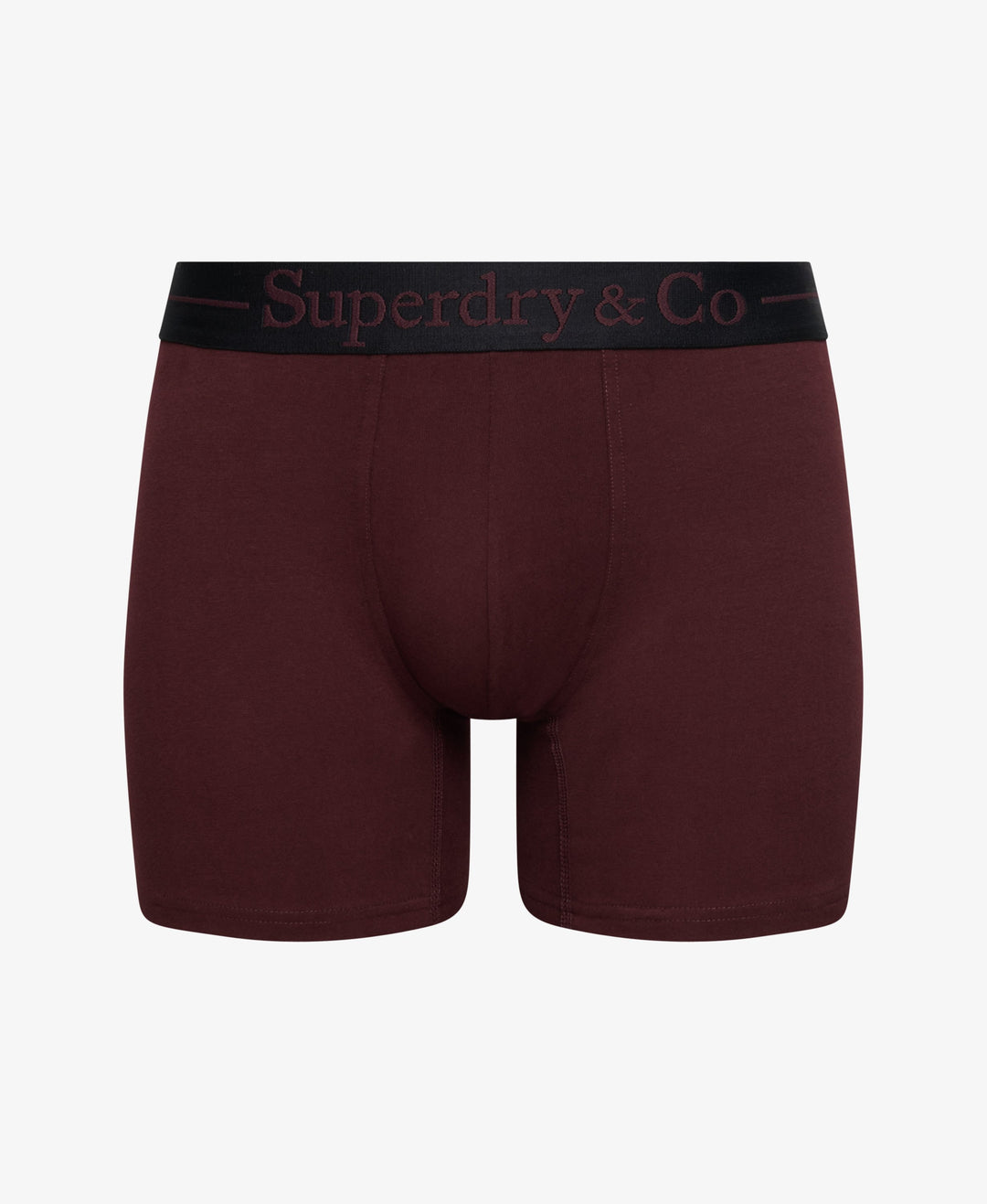 Burgundy boxer briefs with logo waistband, fly front, short leg