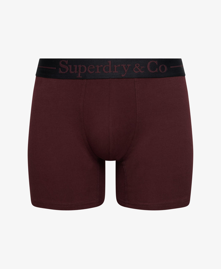 Burgundy boxer briefs with logo waistband, fly front, short leg